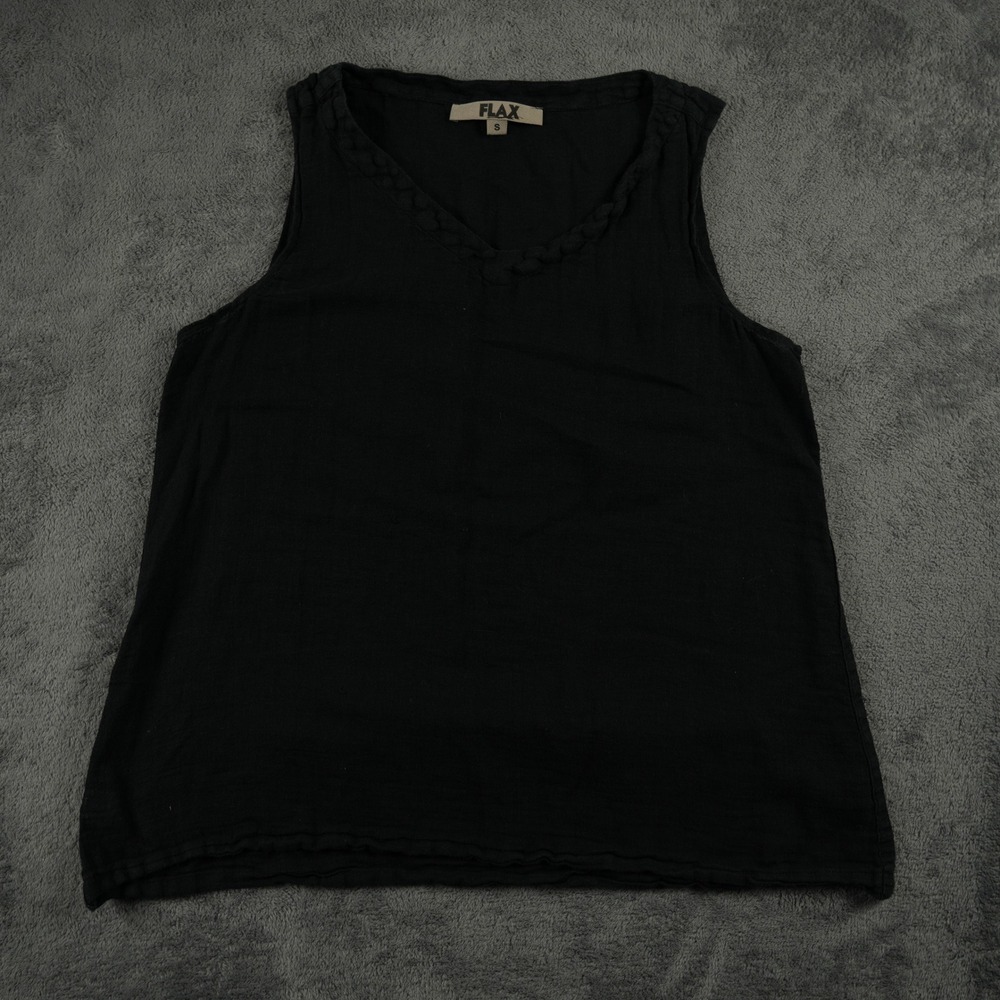 FLAX Tank Top Womens Small Black 100% Linen Braided‎ V-Neck Sleeveless USA Made